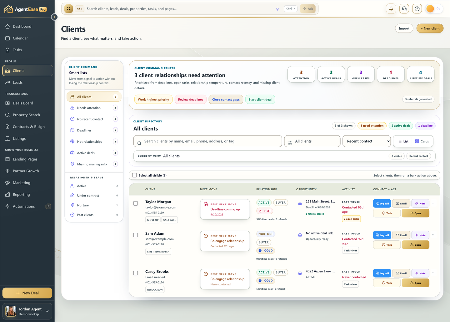Actual AgentEase Pro Clients workspace with smart lists, client details, New Deal button, and profile controls, shown with sample data