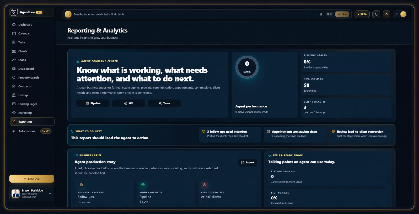 The actual AgentEasePro Reporting and Analytics workspace with the complete product sidebar, command bar, business insights, and action cards